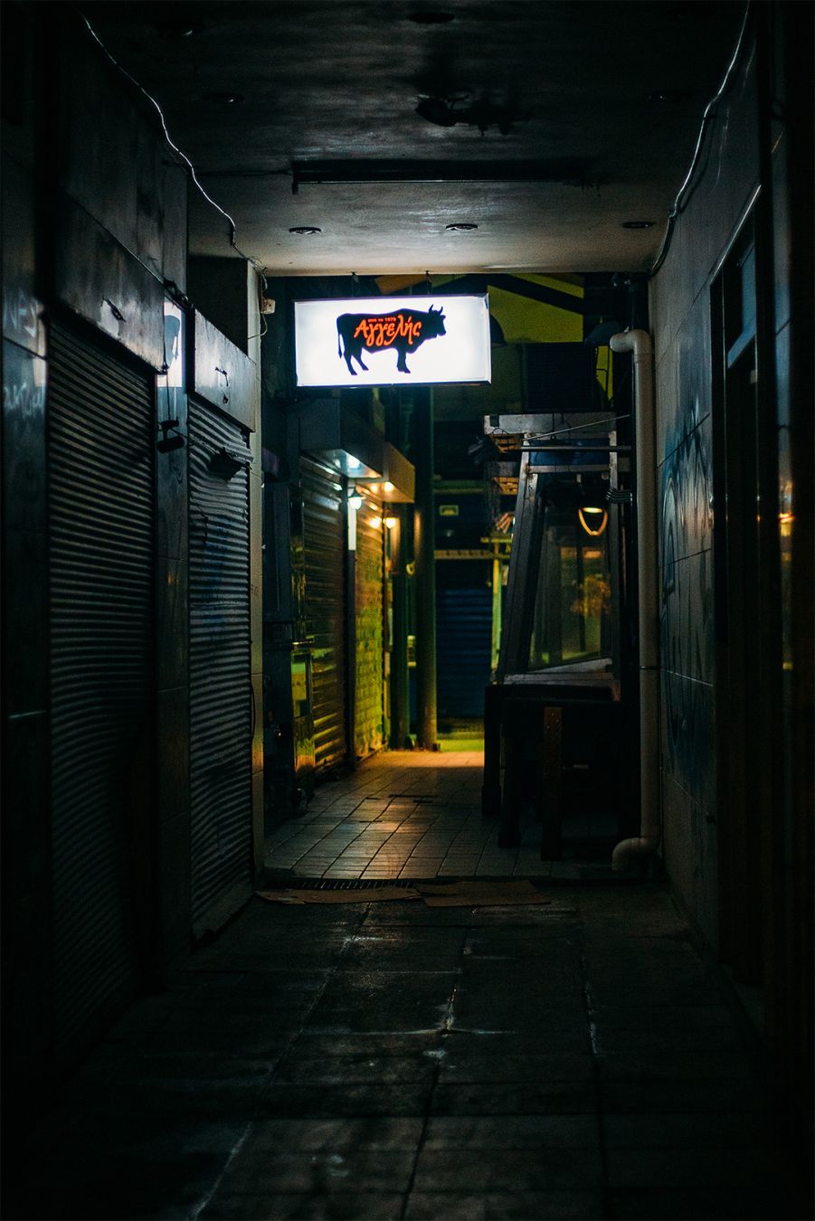 The same hallway at night, there is no one. Only the sign and a light in the background cast a bit of light.